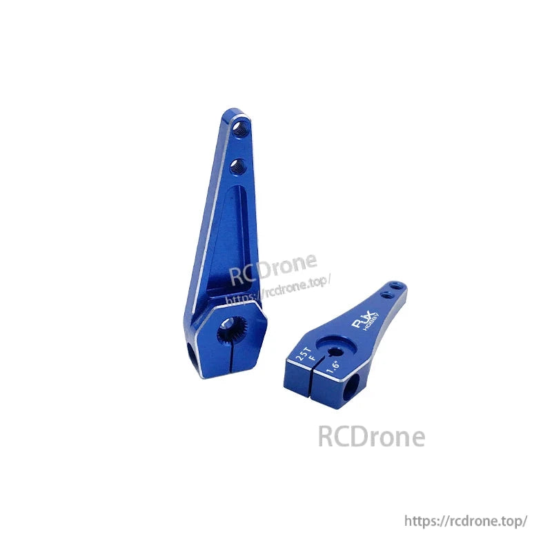 Blue 25T clamp-style aluminum servo horn arms with multiple linkage holes, in long and short designs