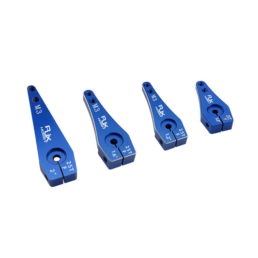 Blue RJX 25T aluminum servo horn arms with M3 mounting holes, shown in four different lengths