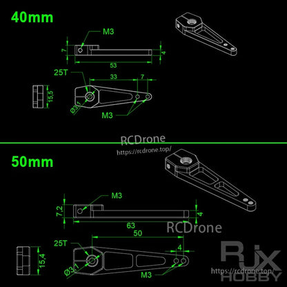 Dimension drawing of a 25T aluminum servo horn with M3 holes, showing 40mm and 50mm arm length options.