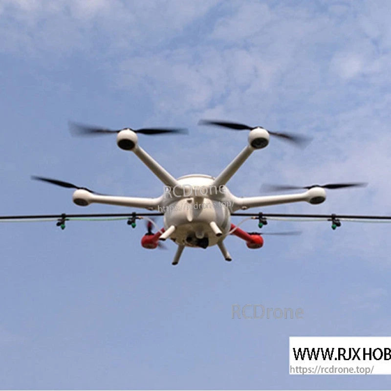Multirotor UAV drone in flight with multiple propellers spinning on extended arms