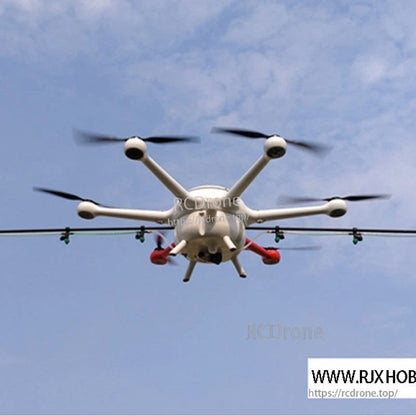 Multirotor UAV drone in flight with multiple propellers spinning on extended arms