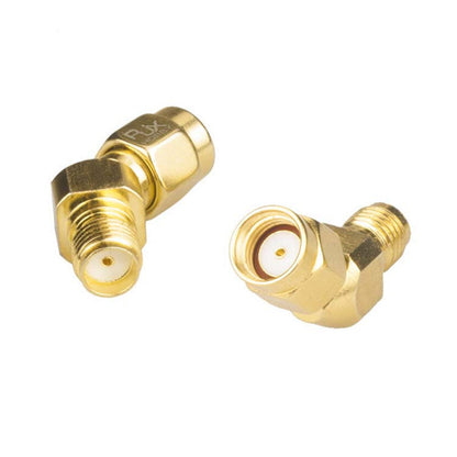 RJXHOBBY 2PCS 45° RF Adapter Connector, Two gold 45-degree RF adapter connectors with threaded coax ends for angled antenna or cable routing