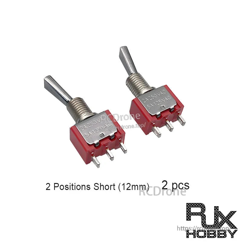 Two RJXHOBBY 2-position short toggle switches with 12mm flat metal handle and 3-pin terminals