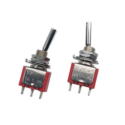 Two 2-position toggle switches for RC transmitter, 12mm flat handle, red base with 3 solder lugs