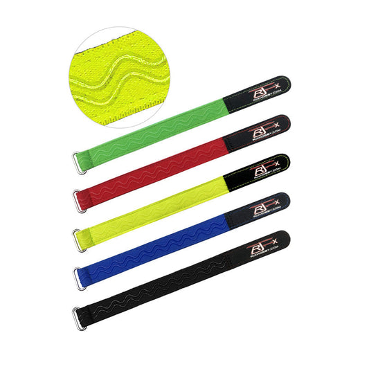 RJXHOBBY 20mm non-slip silicone battery straps with metal buckle and stitched end tab in multiple colors