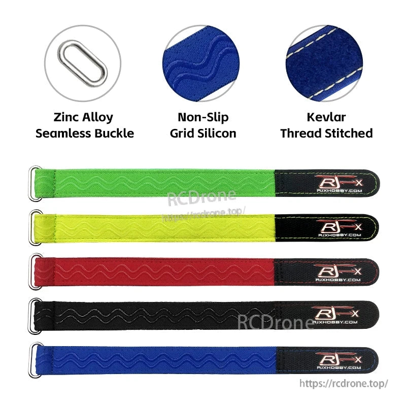 RJXHOBBY 20mm non-slip silicone battery strap with zinc alloy buckle and Kevlar-stitched end, assorted colors