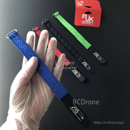 RJXHOBBY non-slip silicone battery straps with Velcro closure and stitched ends in blue, red, and green