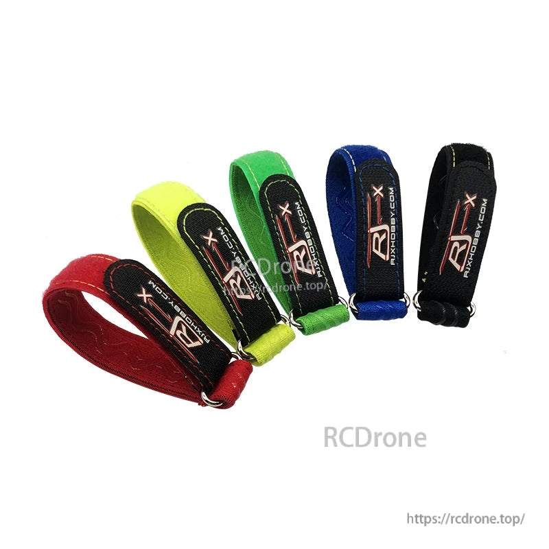 RJXHOBBY non-slip silicone battery straps with stitched logo patch and metal buckle rings, assorted colors