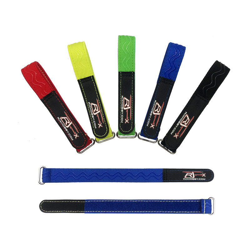 RJXHOBBY 20mm non-slip silicone battery straps with metal buckle, shown in red, yellow, green, blue and black