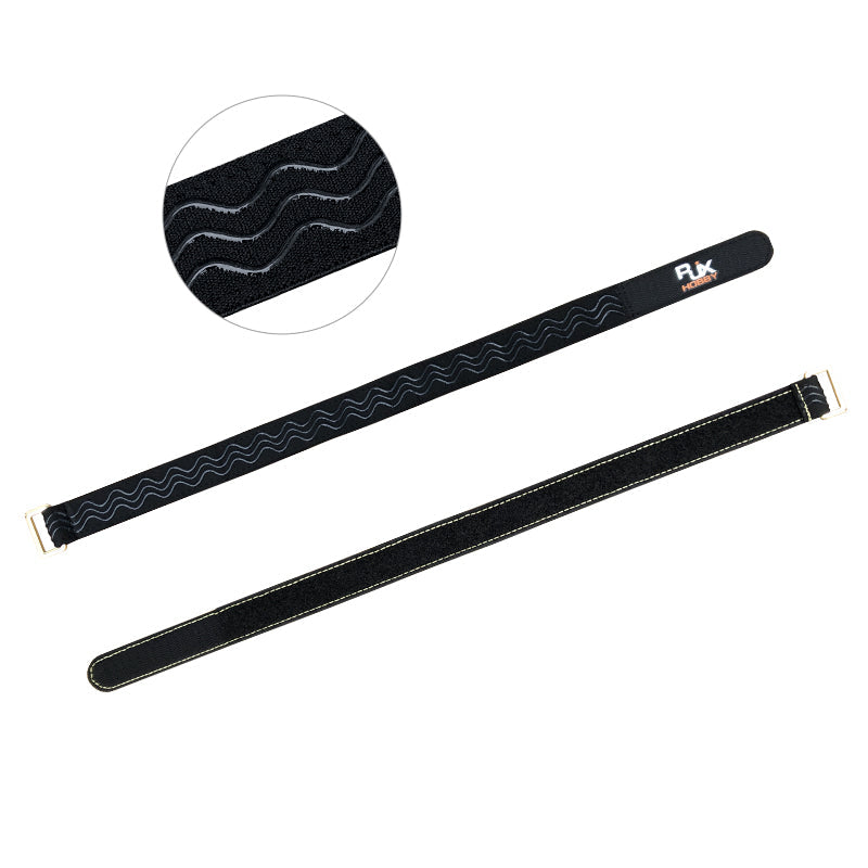 Two black RJXHOBBY non-slip battery straps with wavy silicone grip pattern and metal buckles