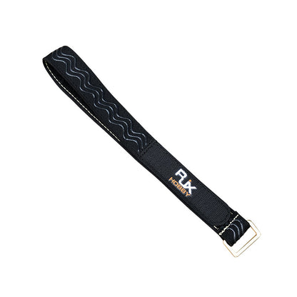 RJXHOBBY 25mm black non-slip silicone battery strap with stitched edges, RJX logo, and metal buckle