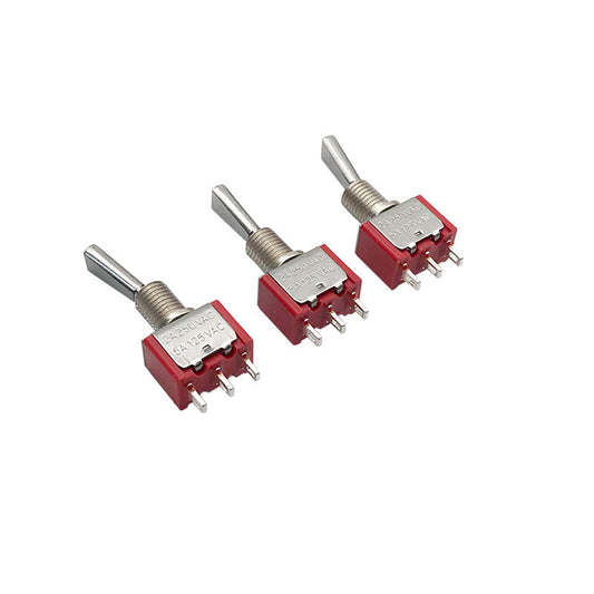 RJXHOBBY 2pcs 3-Position Reset Switch, Three red 3-position toggle switches with threaded metal levers and 3-pin solder terminals, rated 2A 250VAC