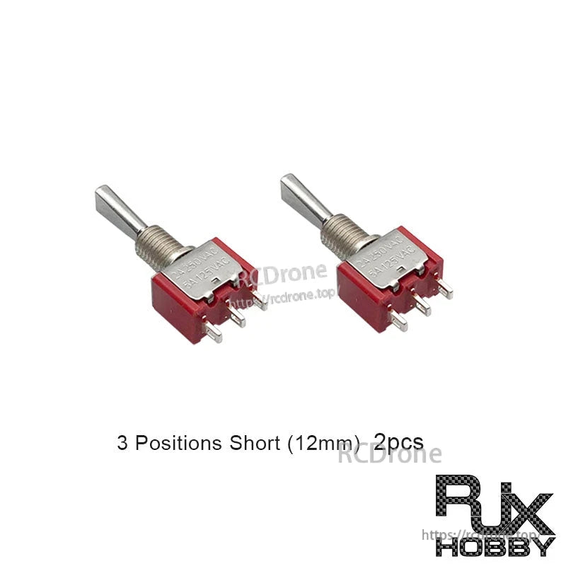 RJXHOBBY 2pcs 3-Position Reset Switch, Pair of RJXHOBBY 3-position short toggle reset switches with red housings and solder lug terminals (2pcs)