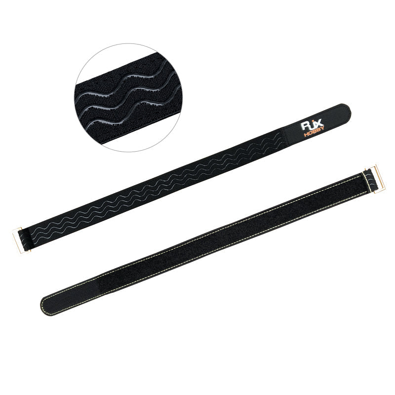 Two black RJXHOBBY 30mm non-slip silicone battery straps with hook-and-loop closure and metal buckles