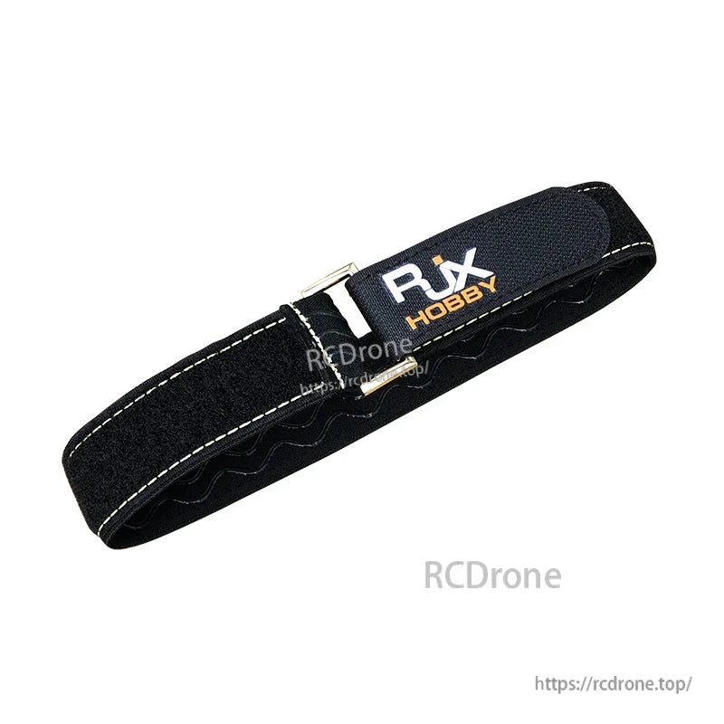 Black RJXHOBBY Velcro battery strap with stitched edges and a metal buckle for securing RC batteries