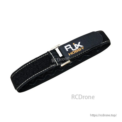 Black RJXHOBBY Velcro battery strap with stitched edges and a metal buckle for securing RC batteries