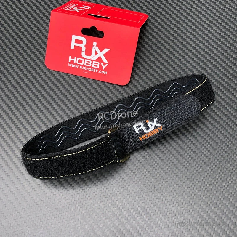 RJXHOBBY black non-slip silicone battery strap with stitched edges, Velcro closure and metal buckle