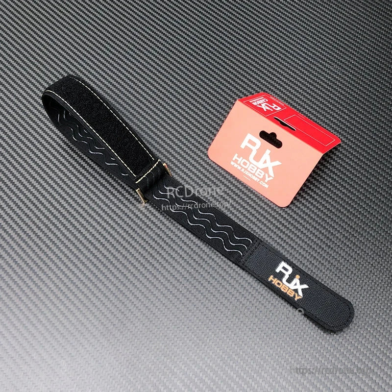 RJXHOBBY black 30mm battery strap with metal buckle and non-slip wavy silicone grip, with retail packaging