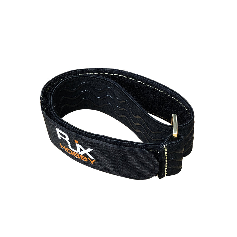 RJXHOBBY 30mm black non-slip silicone battery strap with stitched edges, grippy inner texture, and metal buckle