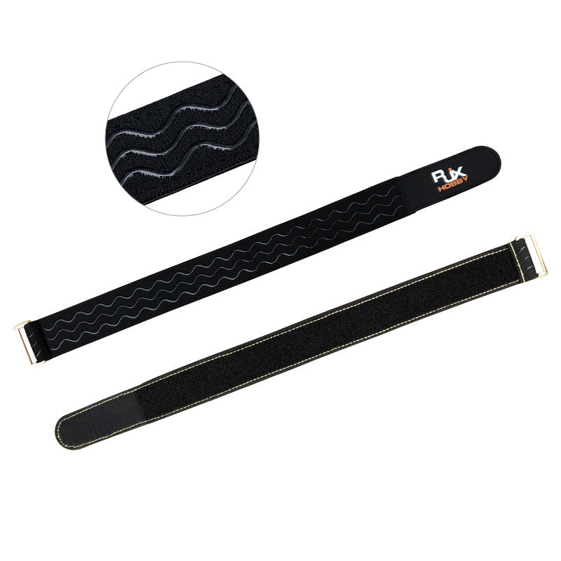 Two black RC battery straps with metal buckles, reinforced stitching, and a wavy non-slip silicone grip strip