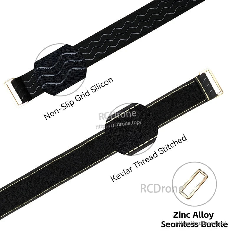 Two black non-slip silicone RC battery straps with Kevlar stitching and zinc alloy buckles