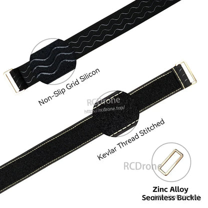 Two black non-slip silicone RC battery straps with Kevlar stitching and zinc alloy buckles