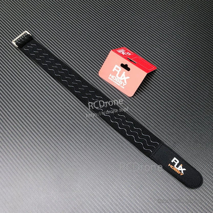 RJXHOBBY black battery strap with stitched grip pattern and metal buckle, shown with retail packaging