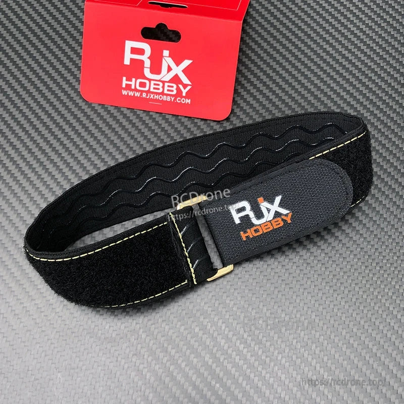 RJXHOBBY black non-slip silicone battery strap with stitched edges, hook-and-loop closure and metal buckle