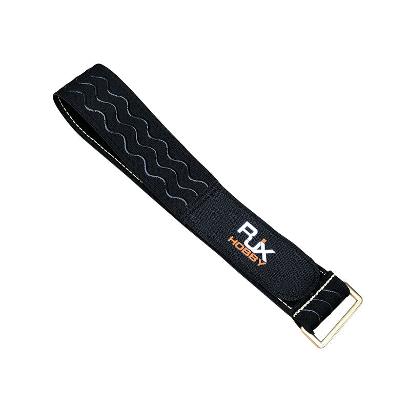 RJXHOBBY non-slip silicone battery strap with wavy grip pattern and metal buckle, black with stitched edges