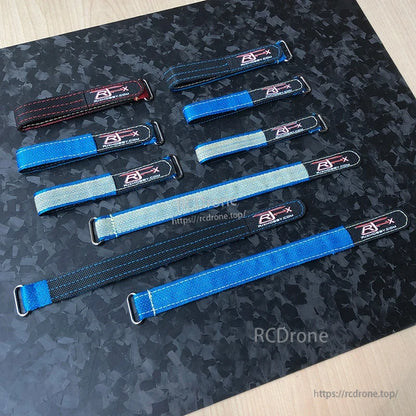 RJXHOBBY 2pcs Kevlar Battery Strap, RJXHOBBY Kevlar battery straps with metal buckles, shown in multiple lengths and blue/black color options