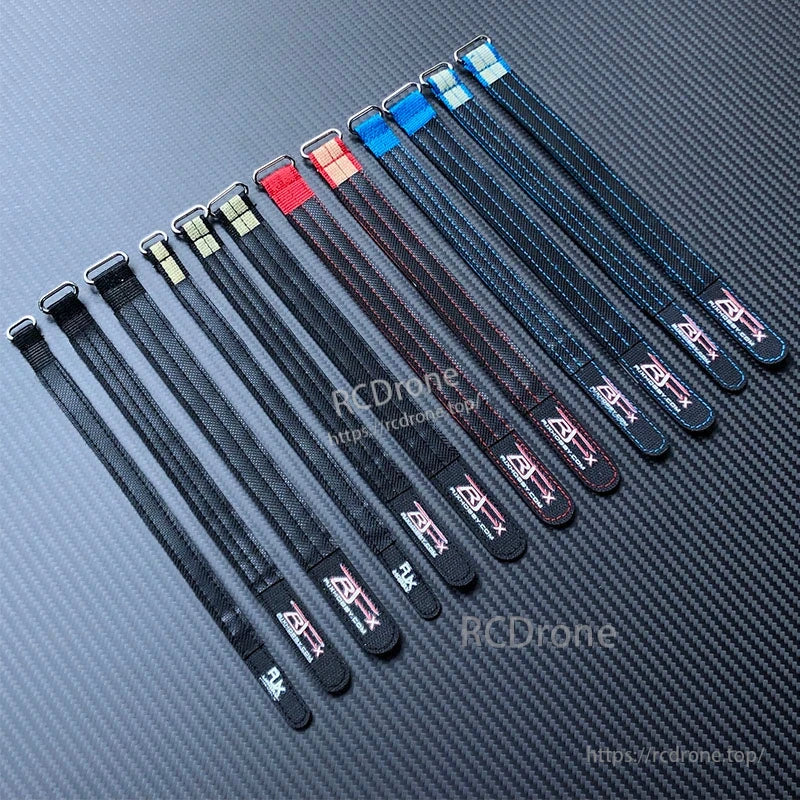 RJXHOBBY 2pcs Kevlar Battery Strap, Assorted RJXHOBBY Kevlar battery straps with metal buckles in black, red, and blue for securing LiPo packs