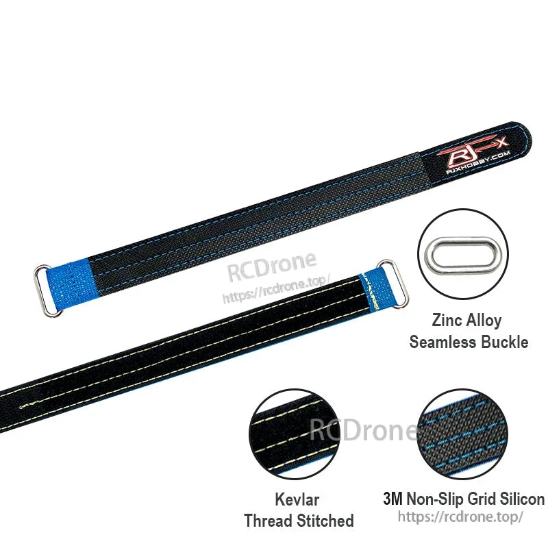 RJXHOBBY 2pcs Kevlar Battery Strap, Two RJXHOBBY Kevlar battery straps with blue ends and zinc alloy seamless buckle, non-slip grid backing