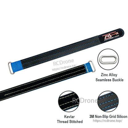 RJXHOBBY 2pcs Kevlar Battery Strap, Two RJXHOBBY Kevlar battery straps with blue ends and zinc alloy seamless buckle, non-slip grid backing