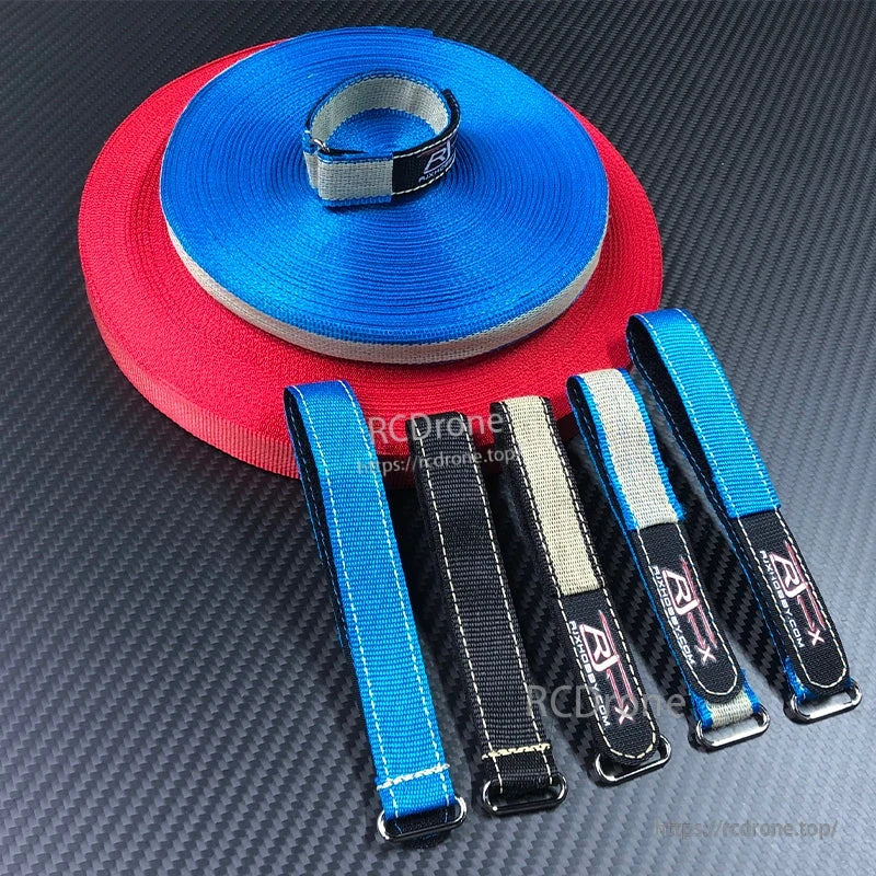 RJXHOBBY 2pcs Kevlar Battery Strap, Assorted RC battery straps with metal buckles and RJX branding in blue, black, and gray webbing
