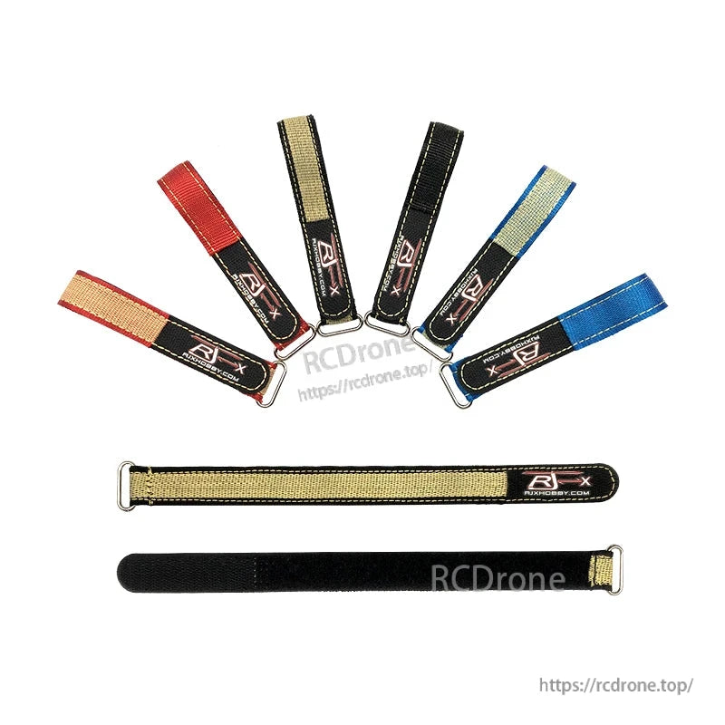 RJXHOBBY 2pcs Kevlar Battery Strap, RJXHOBBY Kevlar RC battery strap with metal buckle and hook-and-loop closure, shown in multiple colors