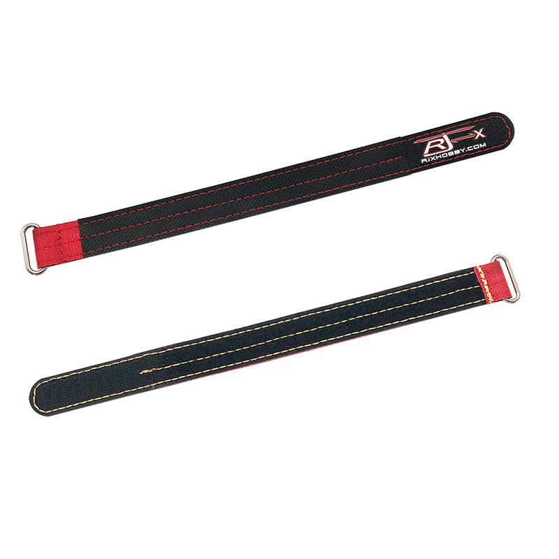 RJXHOBBY 2pcs Kevlar Battery Strap, Two RJXHOBBY Kevlar battery straps with metal buckles, black webbing with red stitching for RC battery mounting