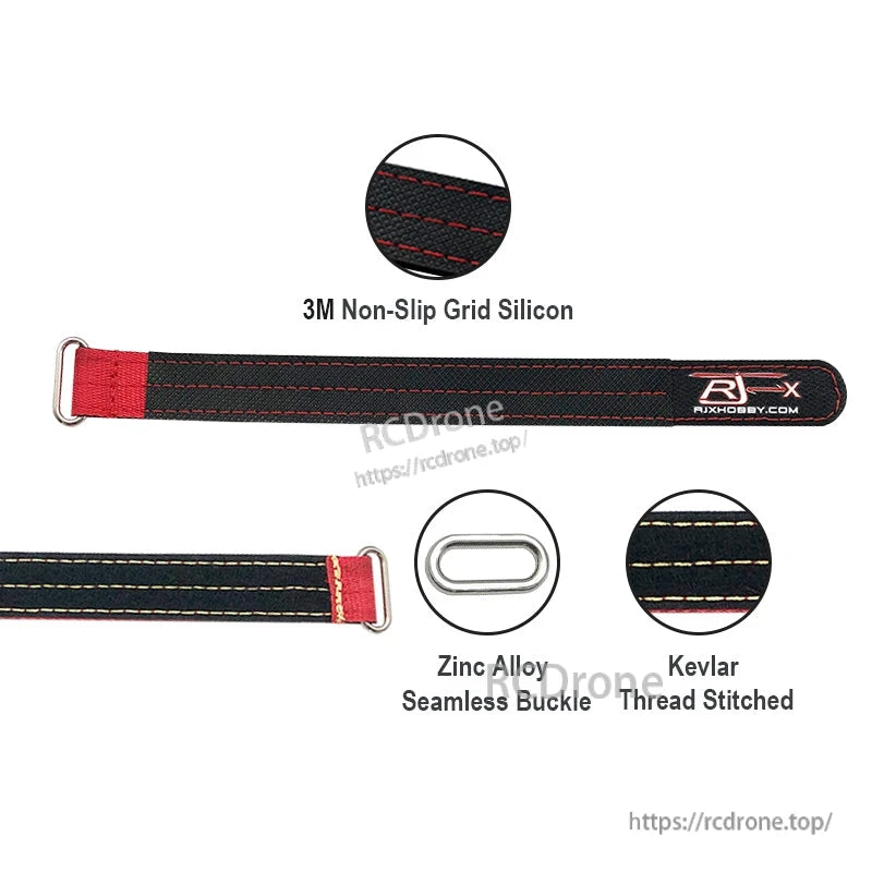 RJXHOBBY 2pcs Kevlar Battery Strap, RJXHOBBY Kevlar battery strap with non-slip grid silicone backing and zinc alloy seamless buckle, black/red