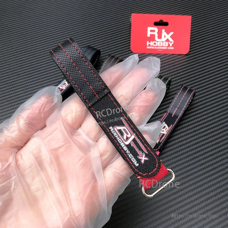 RJXHOBBY 2pcs Kevlar Battery Strap, Two RJXHOBBY black battery straps with red stitching and metal D-ring pull tabs for RC models
