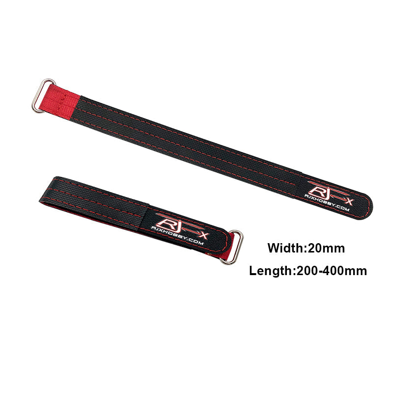RJXHOBBY 2pcs Kevlar Battery Strap, Two RJXHOBBY Kevlar battery straps with metal buckles, 20mm width and 200–400mm length printed