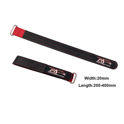 RJXHOBBY 2pcs Kevlar Battery Strap, Two RJXHOBBY Kevlar battery straps with metal buckles, 20mm width and 200–400mm length printed