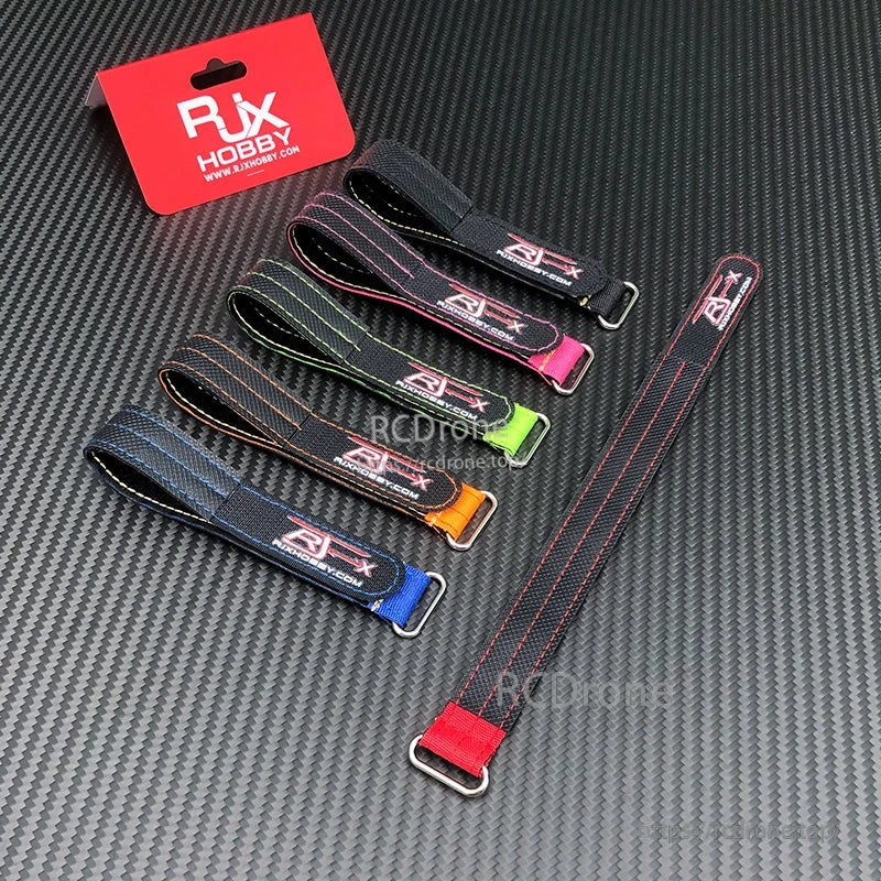 RJXHOBBY 2pcs Kevlar Battery Strap, RJXHOBBY stitched battery straps with metal buckle, shown in multiple colors with RJX logo branding