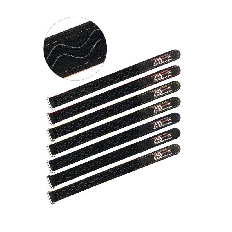 RJX stitched non-slip silicone battery strap with metal buckle, black with wavy grip pattern and colored edging