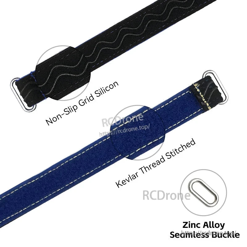 RJXHOBBY non-slip silicone battery strap with Kevlar stitching and zinc alloy buckle, black and blue