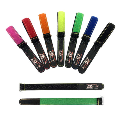 RJXHOBBY non-slip silicone hook-and-loop battery straps with stitched edges and metal buckles in assorted colors
