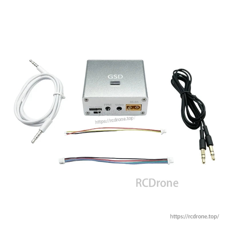 GSD FPV data link module with PPM and video ports, 3S–6S power input, and included 3.5mm cables