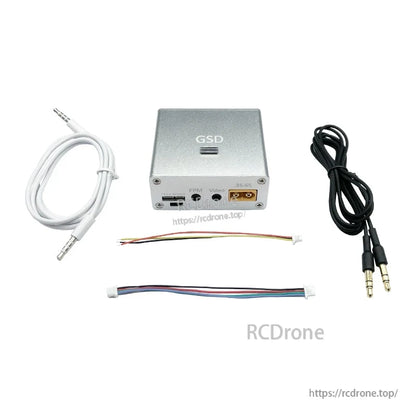GSD FPV data link module with PPM and video ports, 3S–6S power input, and included 3.5mm cables