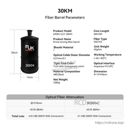 RJXHOBBY 30KM fiber barrel spool for drone towing, G657A2 fiber with FC/UPC interface, 14×36 cm