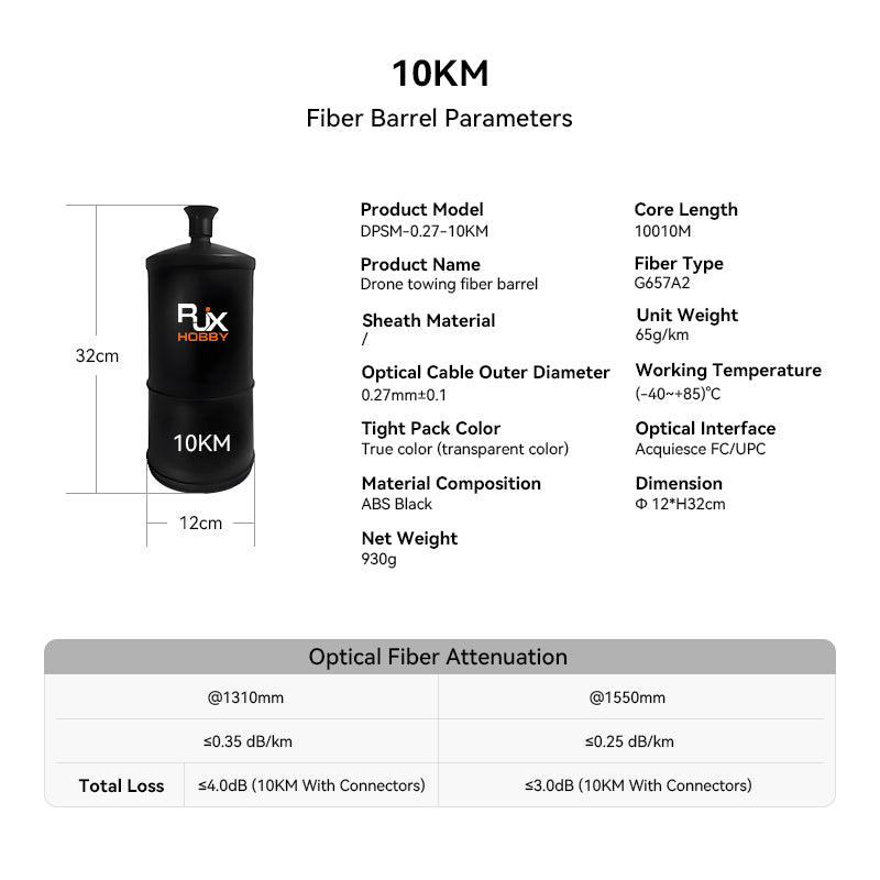 RJXHOBBY 10KM drone towing fiber barrel spool with G657A2 fiber and FC/UPC connector specs chart