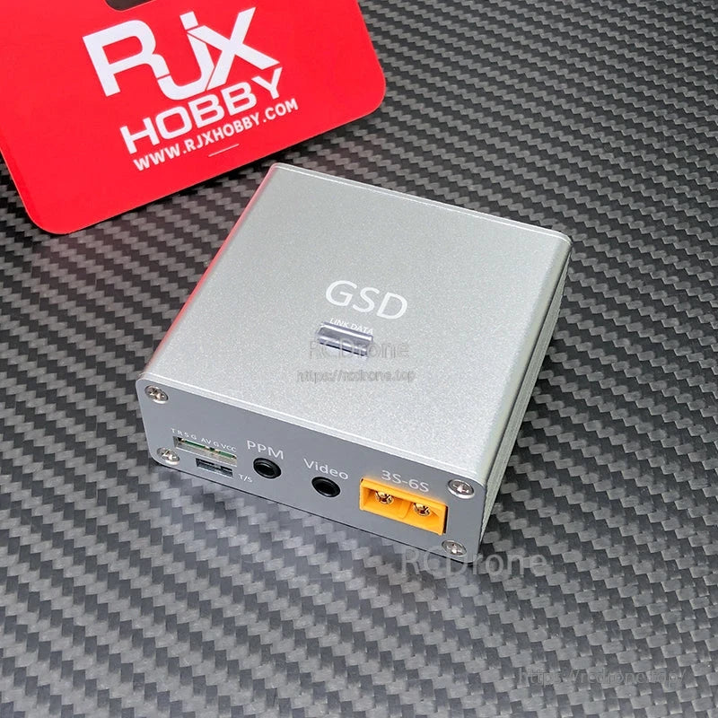 GSD FPV data link module in aluminum case with LINK DATA port, PPM and Video jacks, and 3S–6S power input