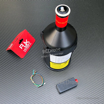RJXHOBBY fiber-optic data link spool module with red top connector, wiring lead, and small power module